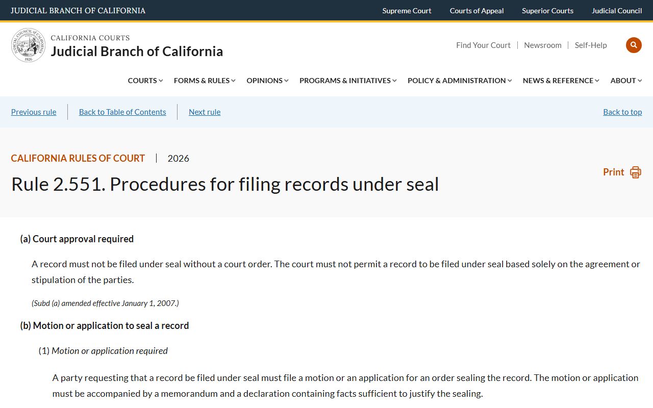 Stanislaus County public records court sealing procedure California Rule of Court 2.551
