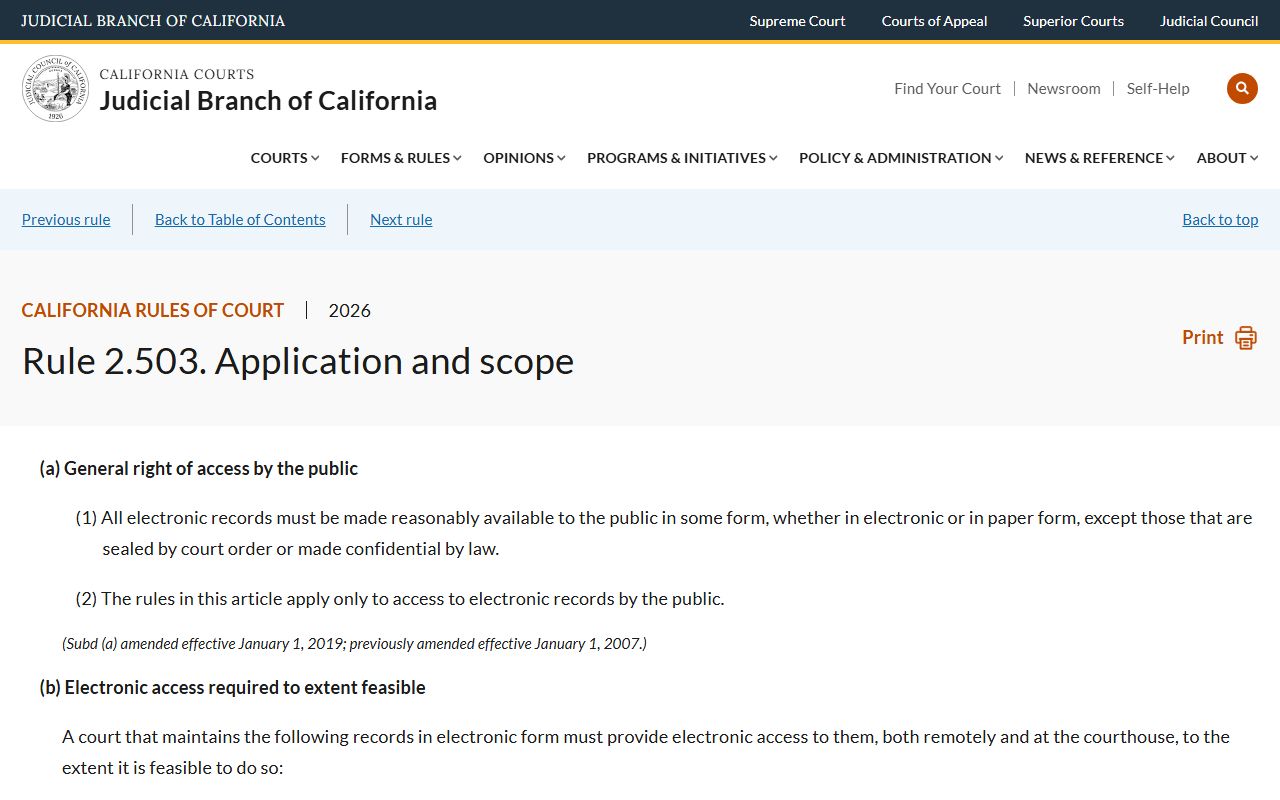 Stanislaus County court records public access rule California Rule of Court 2.503