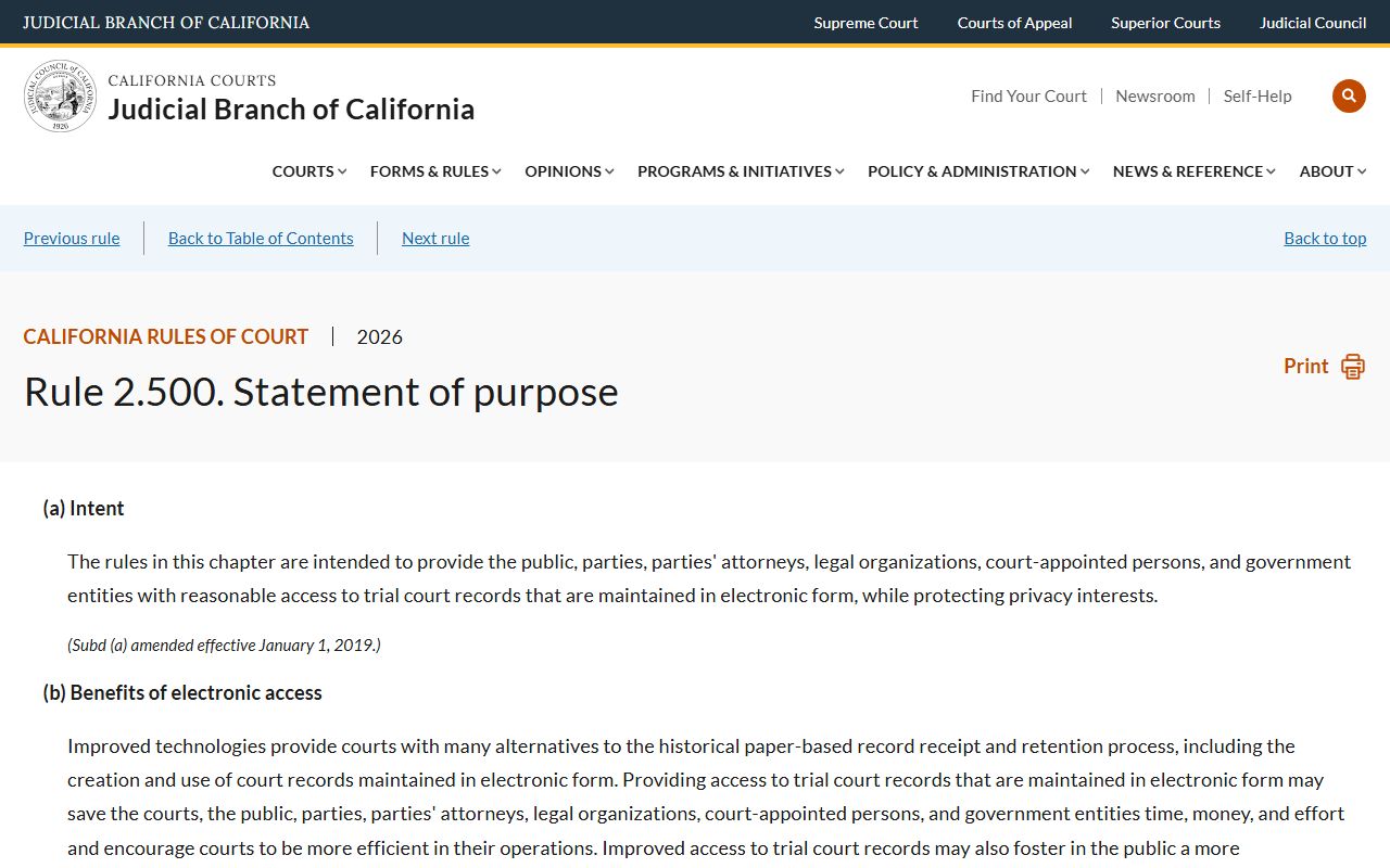 Stanislaus County court dockets electronic access definitions California Rule of Court 2.500
