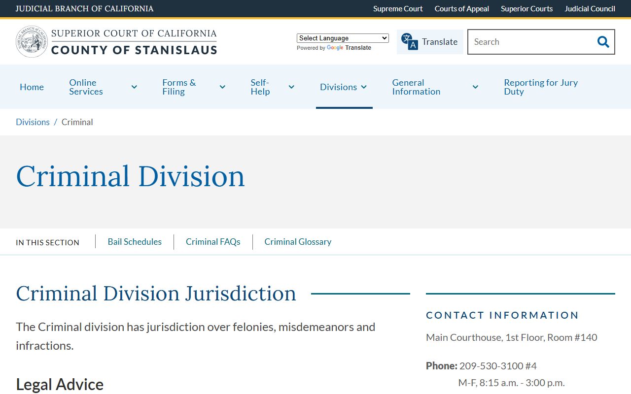 Stanislaus County arrest records and criminal division page