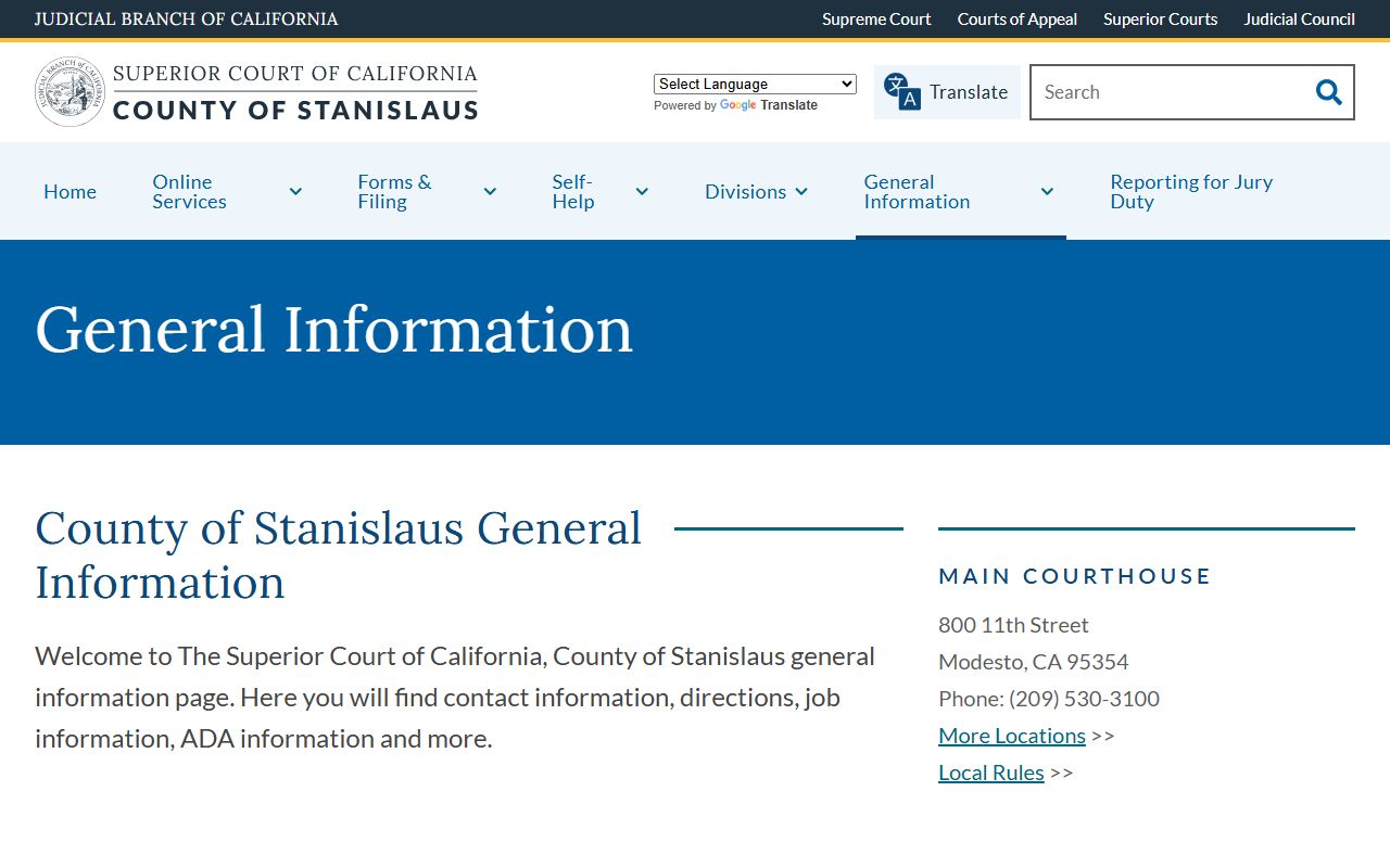 Stanislaus County Court records general information and main courthouse contact page