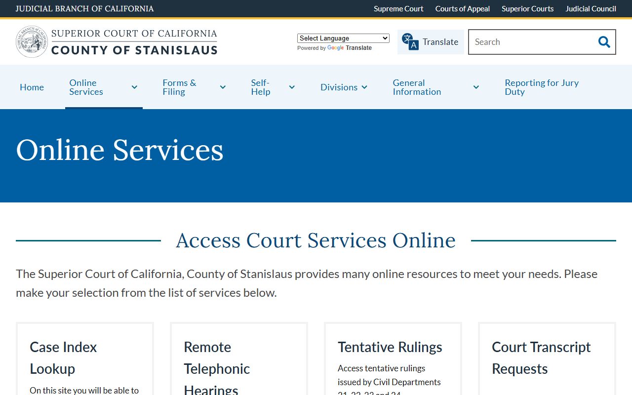 Stanislaus County court records online services page