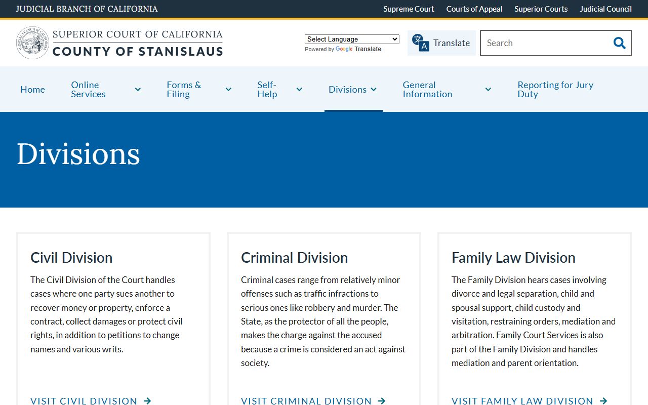 Stanislaus County Court records division overview for civil, criminal, family, and probate cases
