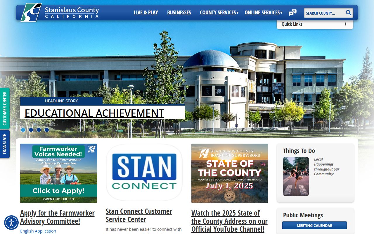 Stanislaus County government homepage with links to court records and clerk offices