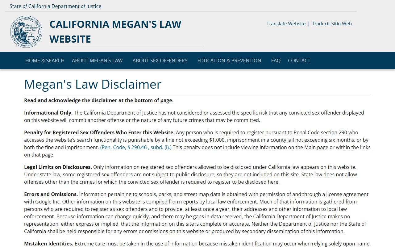 Stanislaus County inmate records and California Megan's Law sex offender registry search