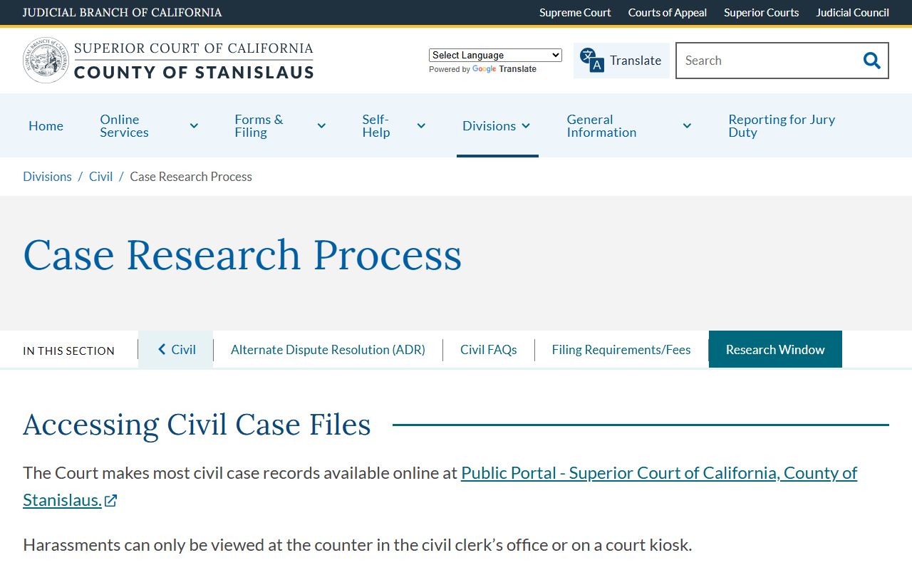 Stanislaus County court records civil case research process page
