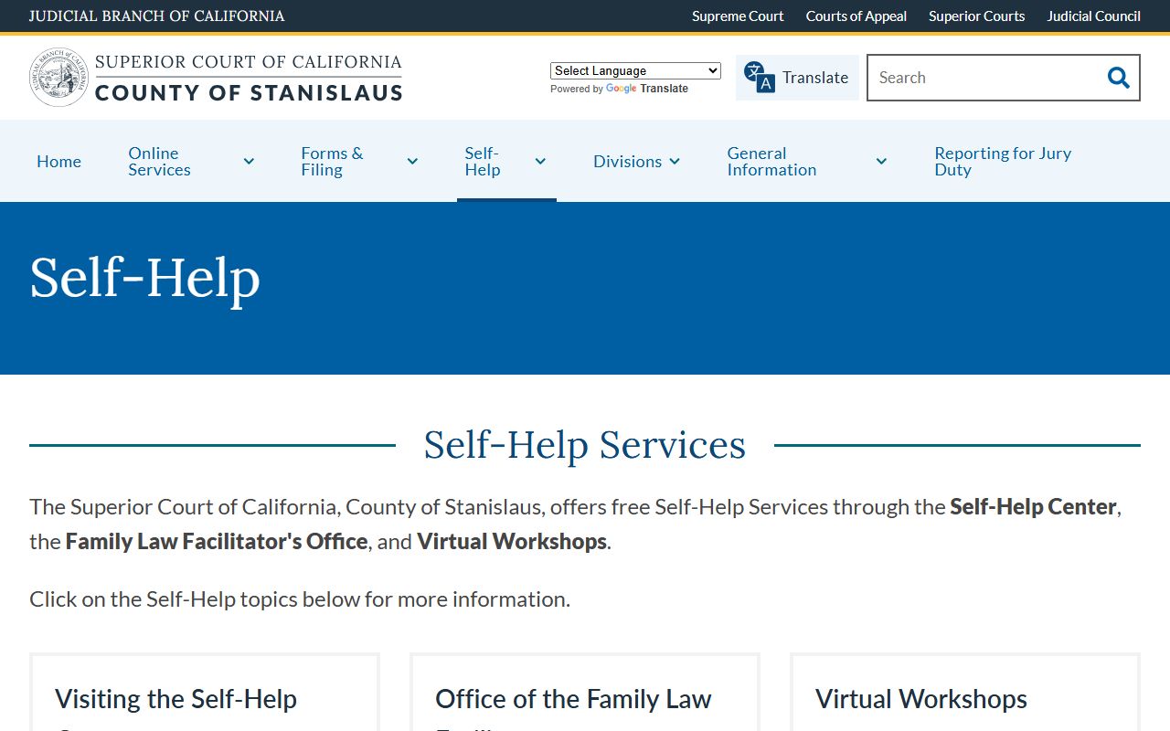 Stanislaus County Superior Court self-help landing page