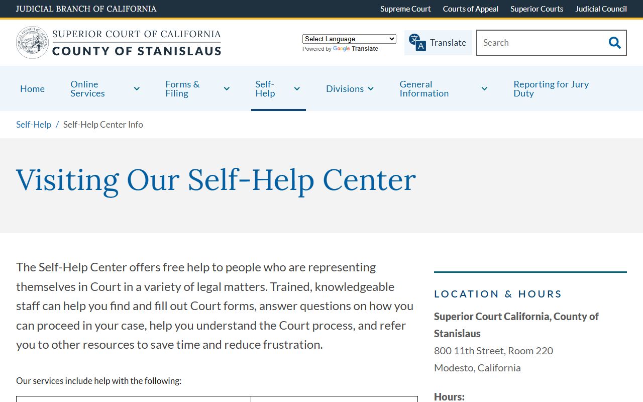 Stanislaus County Clerk of the Superior Court Self-Help Center information
