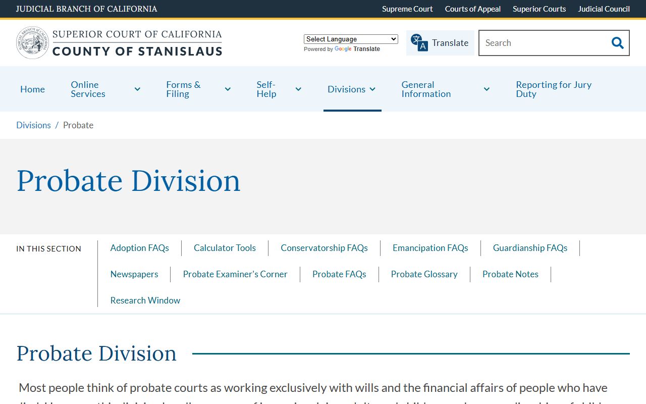 Stanislaus County probate records Probate Division page